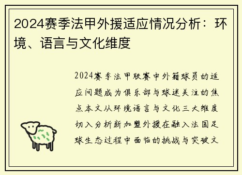 2024赛季法甲外援适应情况分析：环境、语言与文化维度