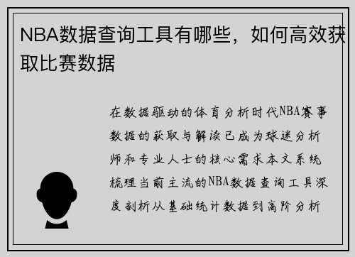 NBA数据查询工具有哪些，如何高效获取比赛数据